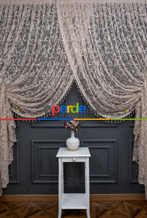 Salon Tül Modelleri - Vizon Bej Açık Kahverenk Renk Desen Şal Model Tül Kruvaze Yanki Tül