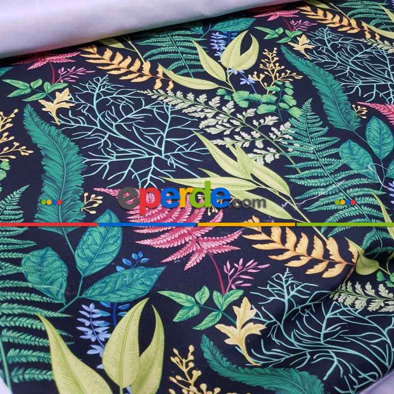 Mutfak Perdesi Kanat Fon Perde Yaprak Desenli- Siyah