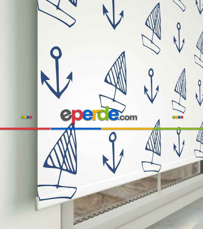 Çapa Ve Yelkenli Baskılı Stor Perde- Mavi-beyaz