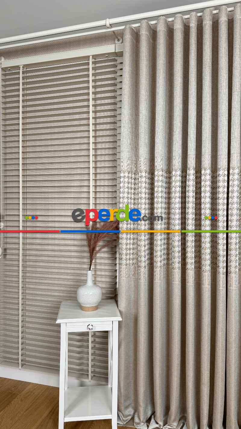 Krem Altın Fon Perde, Pano Model, Orta Pano Kazayağı Desenli, Jakar Dokuma.