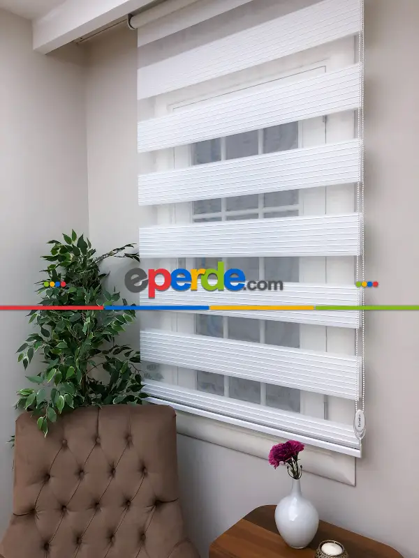 Salon Zebra Perde - Yüksek Kalite Plise Zebra Perde - Beyaz Renk- Beyaz