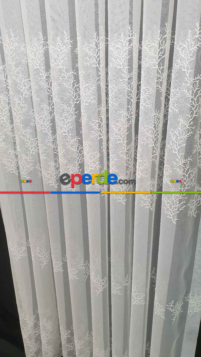 Oturma Odası - Sıra Dallar İşlemeli Sıra Desen Bambu Kırışmaz Ütü İstemez Tül