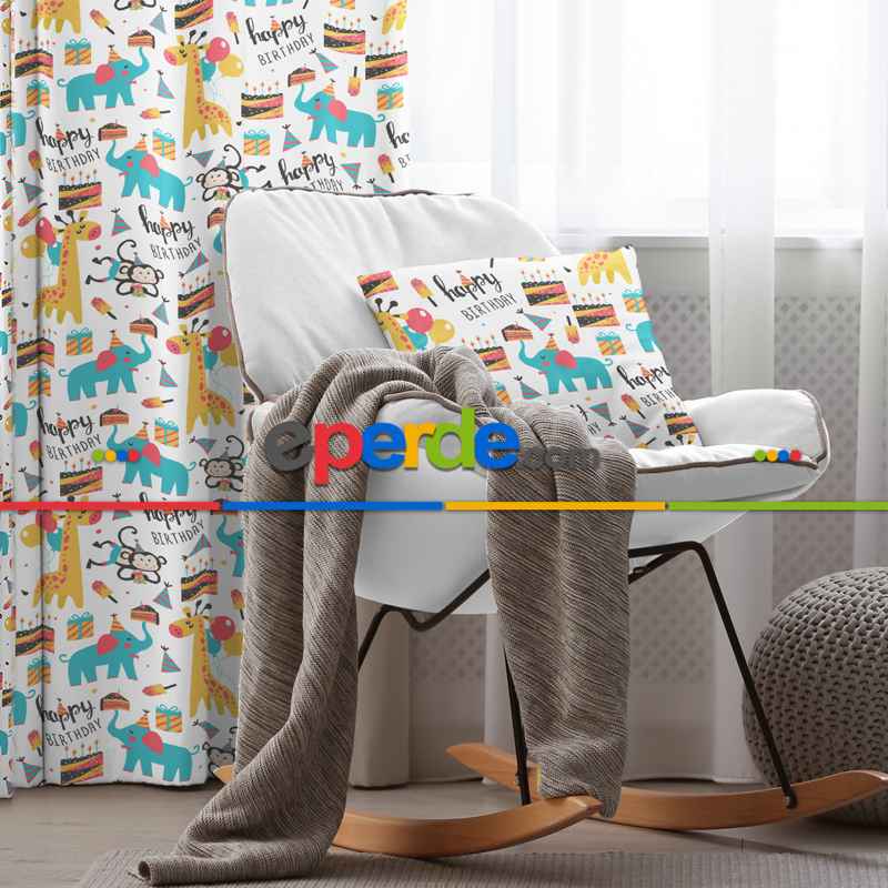 Zürafa Desenli Fon Perde Evim869 Kumaşı Kalındır Duck Bezi Değildir- Mavi-beyaz