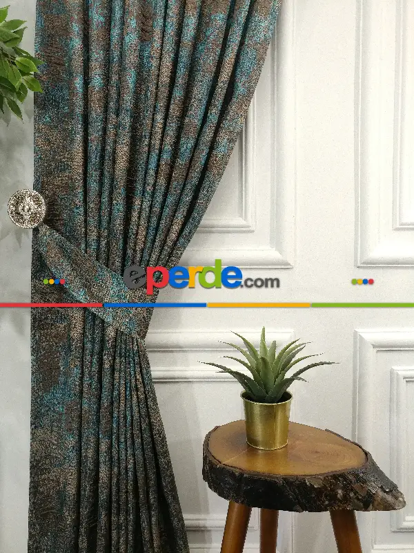 Jakar Desenli Fon Perde- Turkuaz Kahve