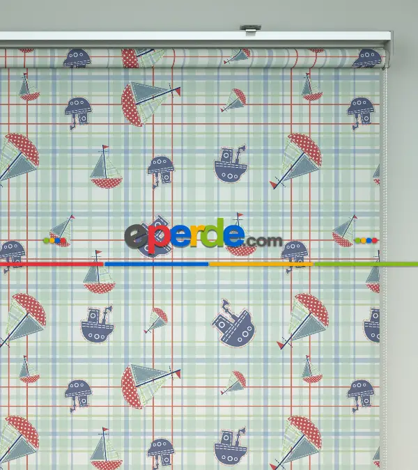 Bebek Odası - Gemi Desenli Baskılı Stor Perde- Çok Renkli