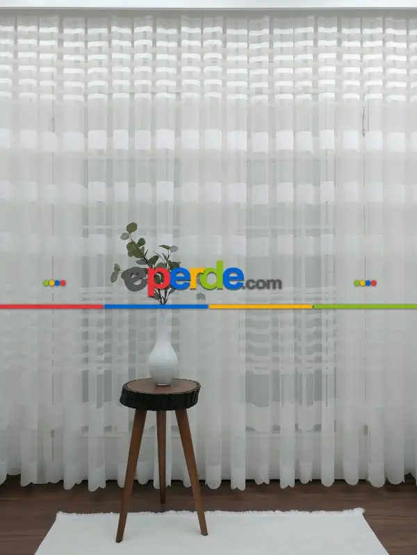 Salon Tül - Dantel Örme Ekru Düz Model Bantlı Tül Perde 2021 Ikon- Krem Açık