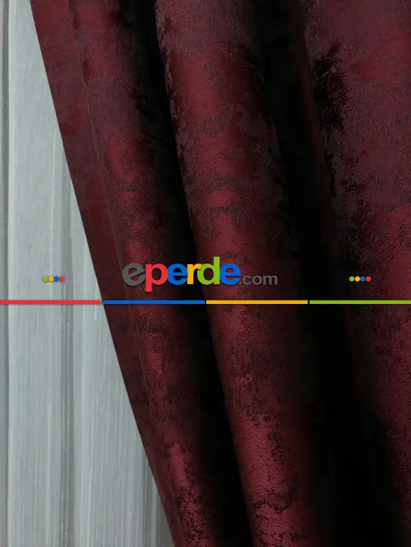 Koyu Bordo Renk Jakar Desenli Fon Perde- Bordo