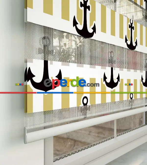 Bebek Odası Zebra Perde - Çapa Baskılı Zebra Perde- Siyah-Sarı-Beyaz