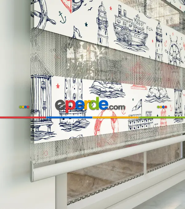 Gemi Ve Deniz Feneri Baskılı Zebra Perde-hatalı- Mavi-kırmızı-beyaz-turkuaz