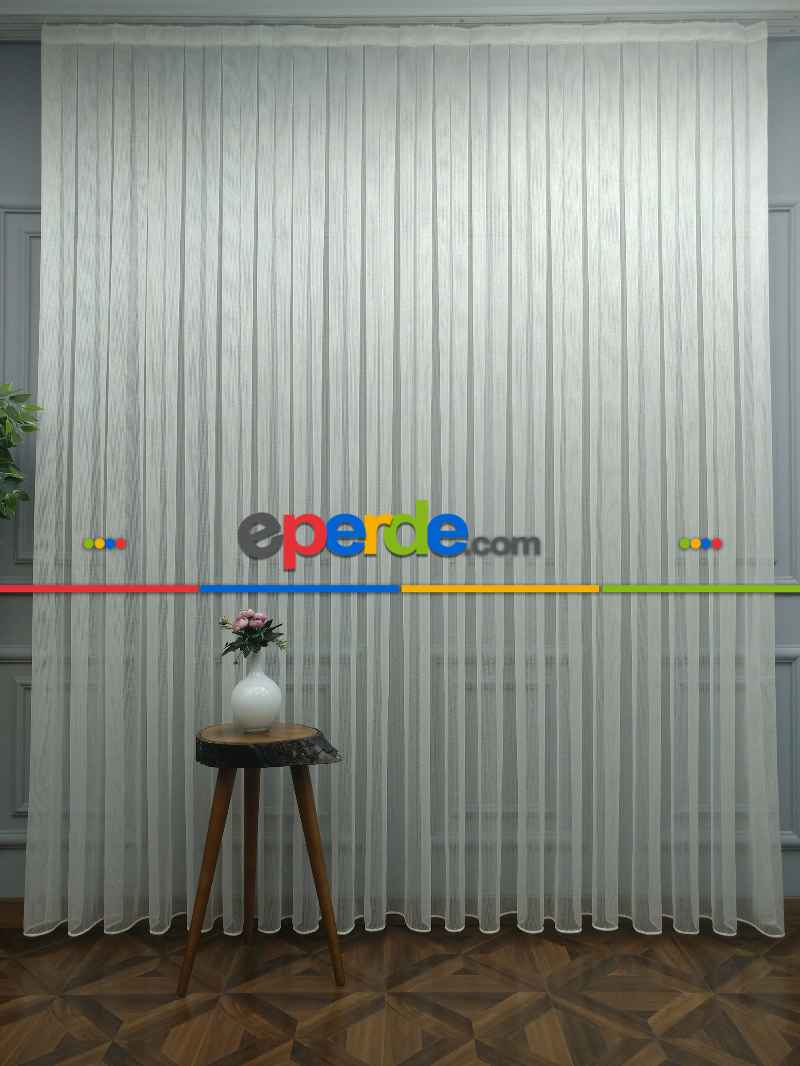 Mutfak - Çizgili Düz Tül Perde - Çelik Tül - Ütü İstemez- Ekru