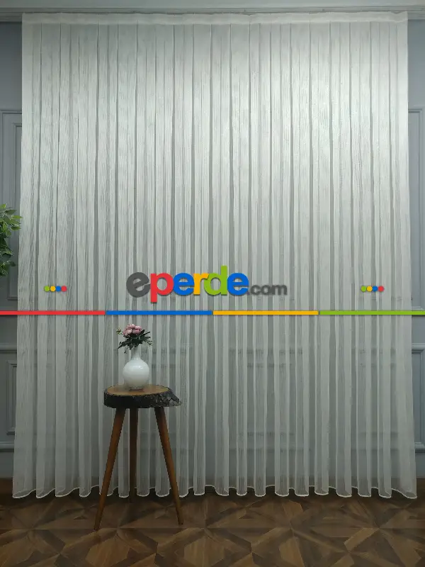 Salon Tül Perde - 2021 Sezonu - Çizgili Düz Tül Perde - Çelik Tül - Ütü İstemez- Ekru