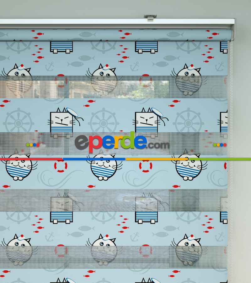 Bebek Odası Zebra Perde - Denizci Kedi Desenli Baskılı Zebra Perde- Çok Renkli