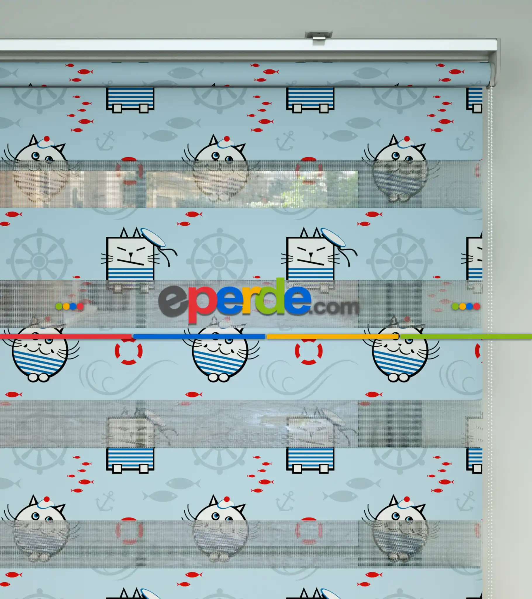 Bebek Odası Zebra Perde - Denizci Kedi Desenli Baskılı Zebra Perde- Çok Renkli