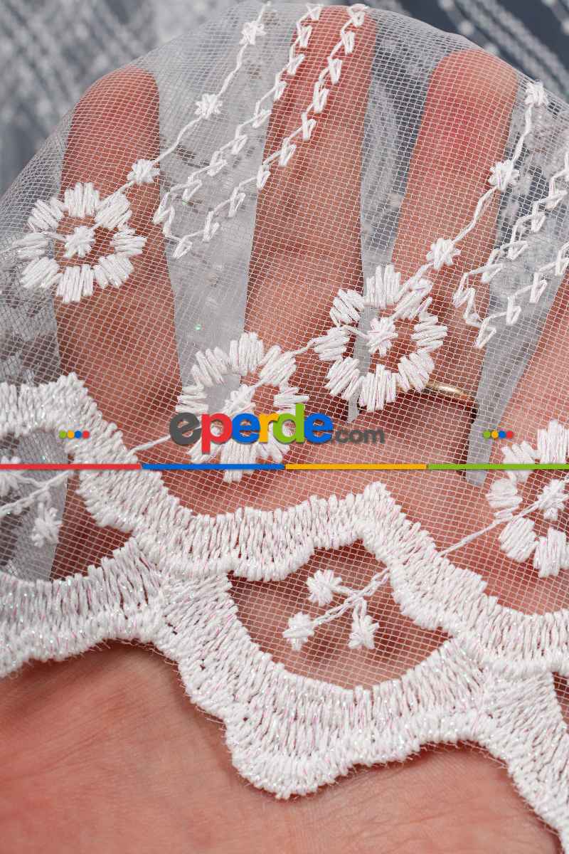 Es Brode Nakış İşlemeli Tül Perde - Çiçek Desenli