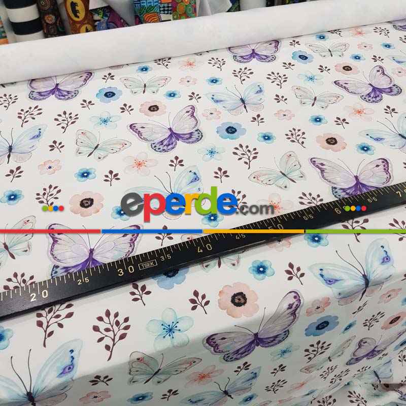 Kelebek Ve Çiçek Desenli Fon Perde Evm815 Kumaşı Kalındır Duck Bezi Değildir- Beyaz