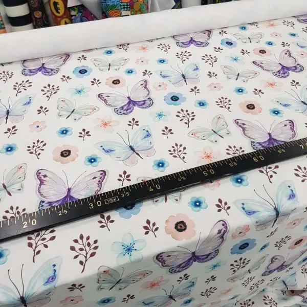 Kelebek Ve Çiçek Desenli Fon Perde Evm815 Kumaşı Kalındır Duck Bezi Değildir- Beyaz