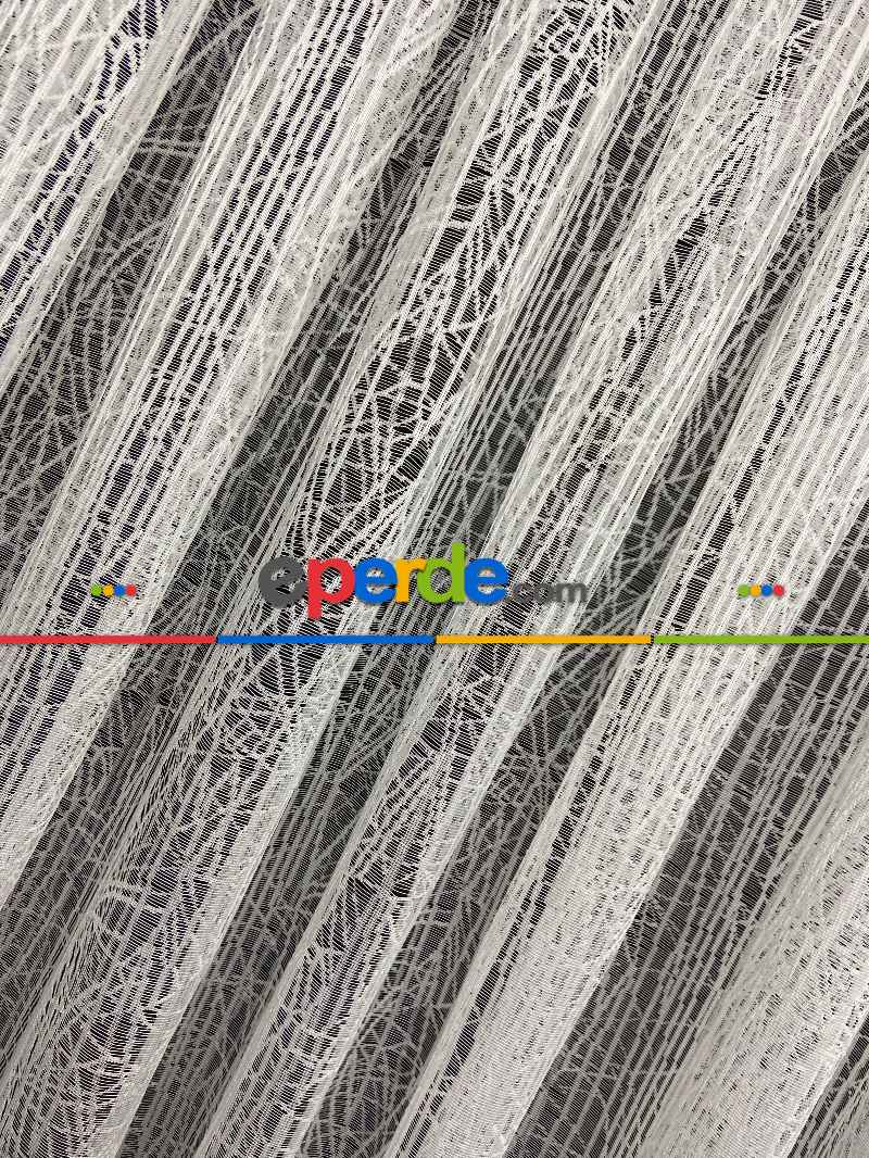 Tül Perde - Spor Desenli - Çizgili Fransız Dantel Örme Tül - Ekru Açık Krem