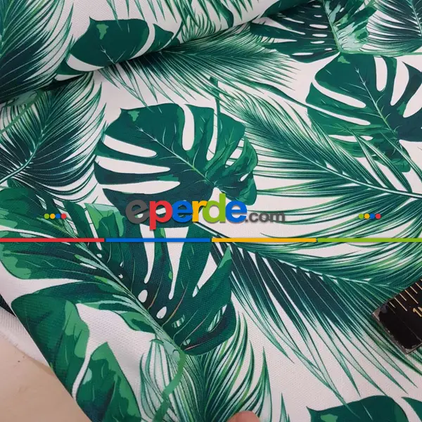 Oturma Odası - Tropikal Desenli Fon Perde K584 T - Kumaşı Kalındır Duck Bezi Değildir.- Yeşil-Beyaz-Çok Renkli
