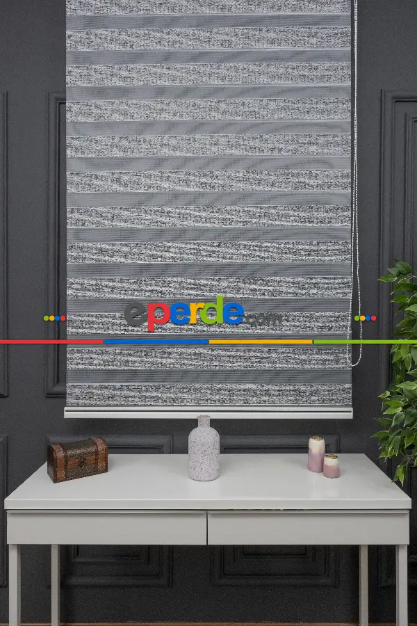 Gri Zebra Perde, Bambu İpliği Kalın Doku Zeminli, Yüksek Kalite Ürün