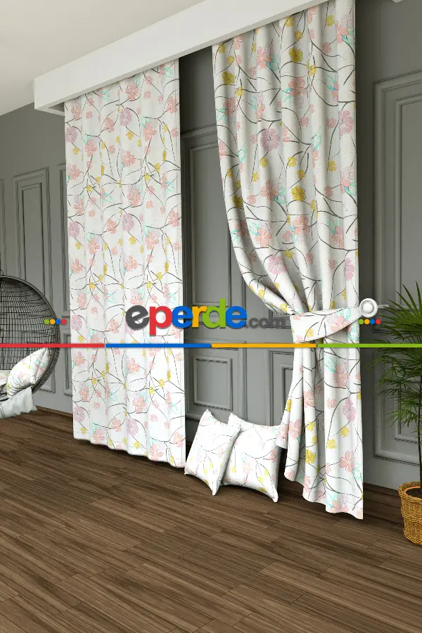 Salon - Rengarenk Çiçek Baskılı Fon Perde