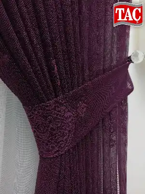 Patlıcan Moru - Damask Desenli Taç Tül Fon Perde- Mor Patlıcan Moru