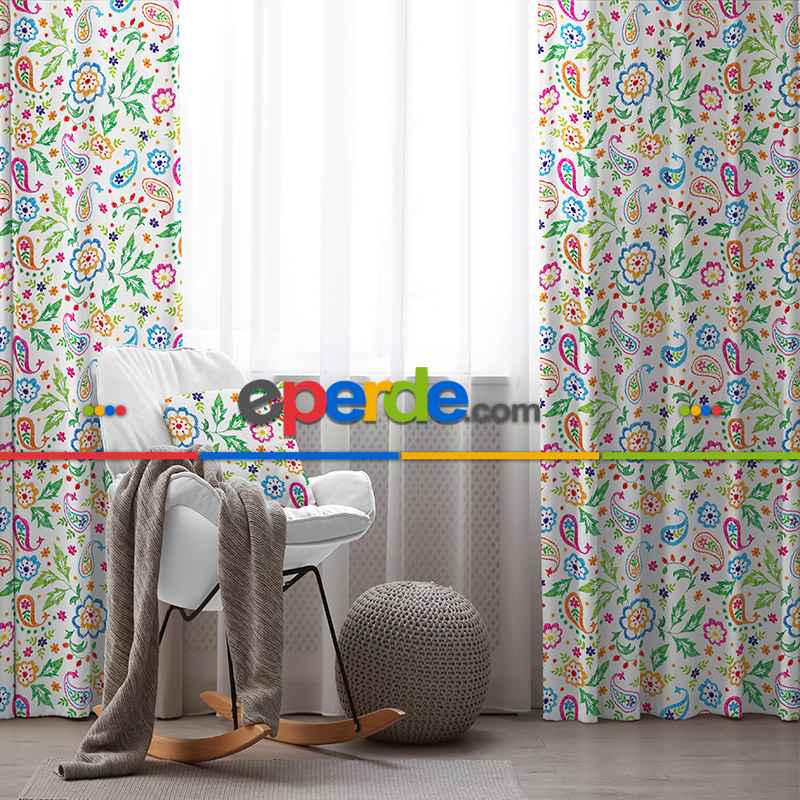 Etnik Desenli Fon Perde Evim801 Kumaşı Kalındır Duck Bezi Değildir- Mavi-beyaz