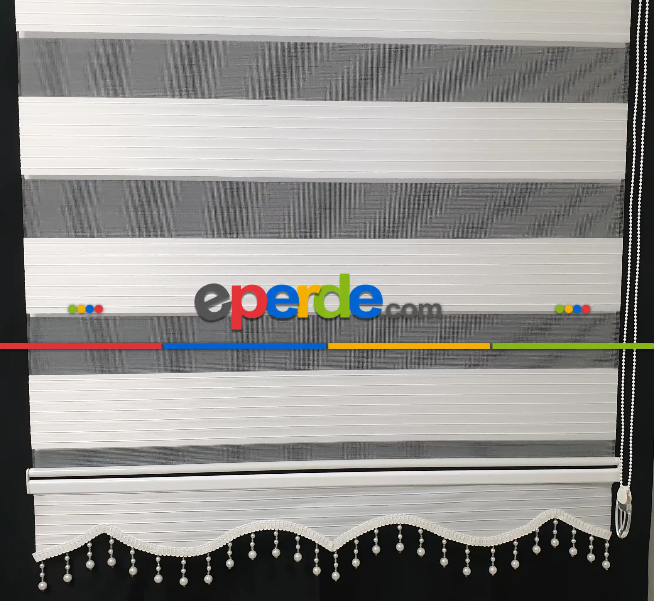 Brillant İnci Boncuklu Zebra Perde- Beyaz-krem