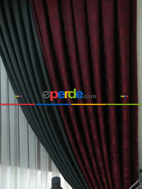 Gri Bordo Renk Kombinli Desenli Fon Perde- Gri-füme-antrasit-bordo