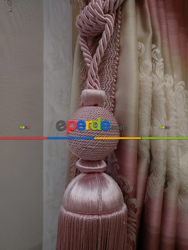 Renk Geçişli Jakar Desenli Salon Fon Perdesi - Pembe - Kiremit - Bej ( Kendinden Saçaklı)- Bej-pembe-kiremit Rengi