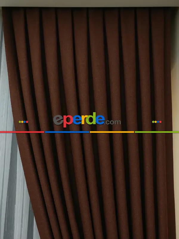 Salon Fon Perde - Keten Kahve Renk Düz Fon Perde- Kahve