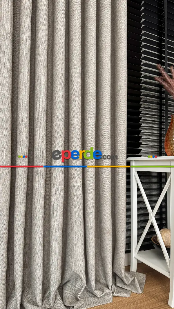 Bej Düz Naturel Keten S Pile Fon Perde, Premium Kalite Serisi Ağır Gramajlı