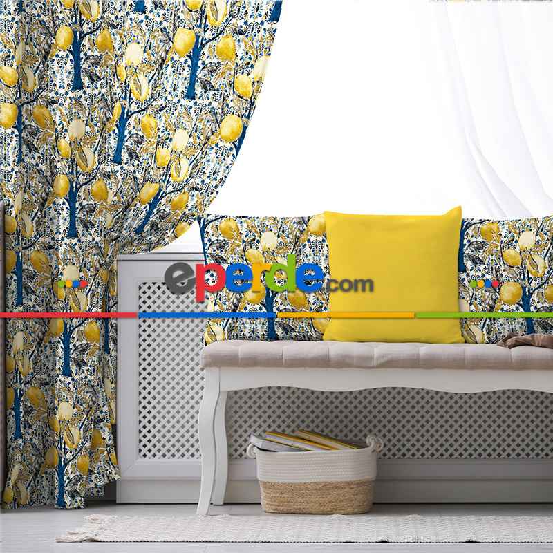 Limon Ağaç Desenli Fon Perde Evim758 Kumaşı Kalındır Duck Bezi Değildir- Mavi-beyaz