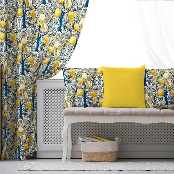 Limon Ağaç Desenli Fon Perde Evim758 Kumaşı Kalındır Duck Bezi Değildir- Mavi-beyaz