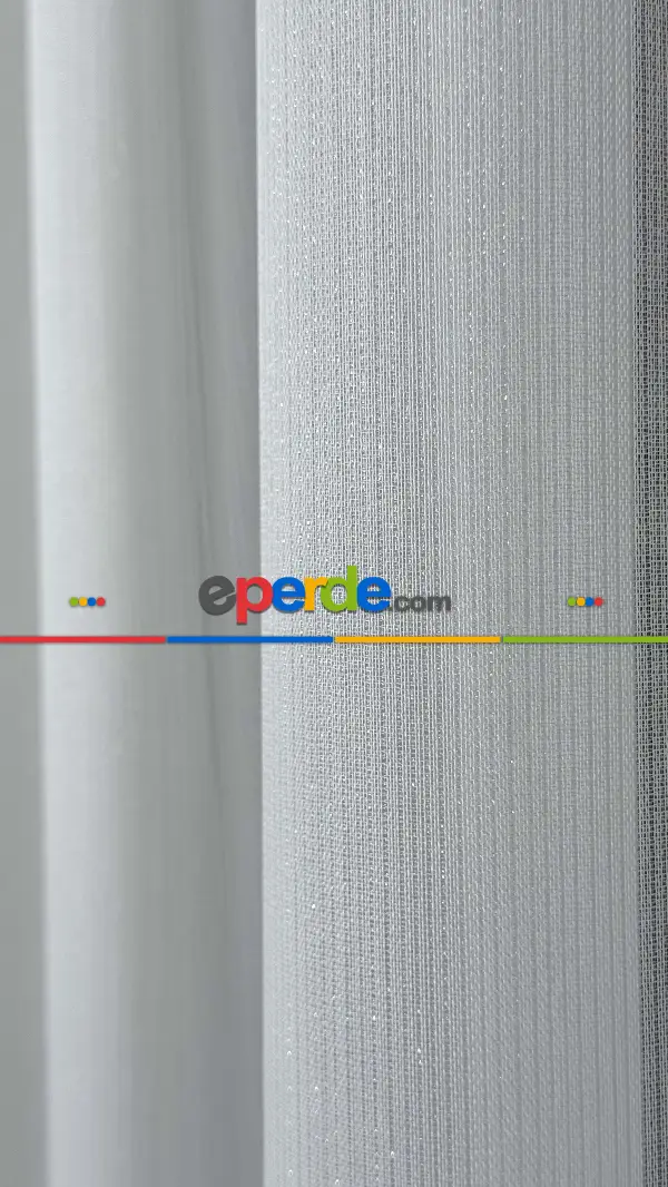 Salon - Brillant Ekru Hafif Simli Çizgili Seyrek Pile Tül Perde