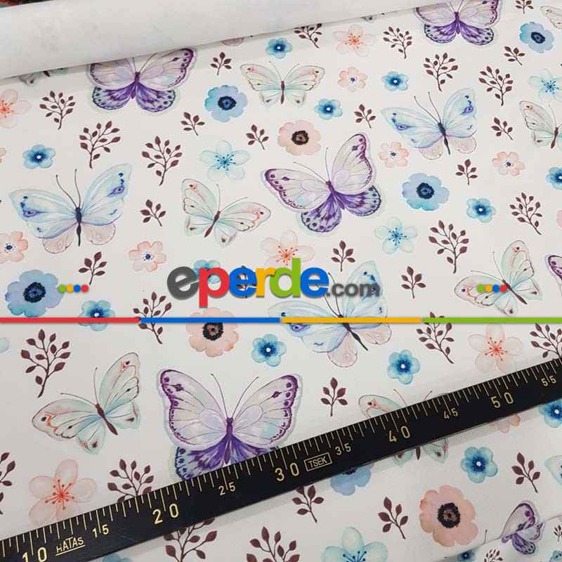 Kelebek Ve Çiçek Desenli Fon Perde Evm815 Kumaşı Kalındır Duck Bezi Değildir- Beyaz