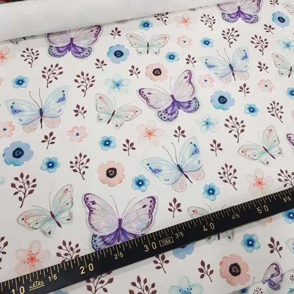 Kelebek Ve Çiçek Desenli Fon Perde Evm815 Kumaşı Kalındır Duck Bezi Değildir- Beyaz