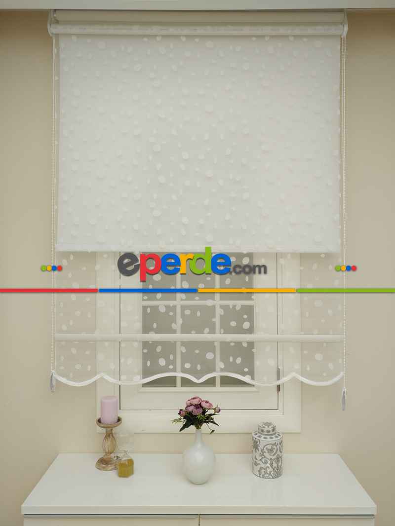 Jakar Örme Tül- Ekru Çiftli Sistem Dantel Desenli Perde- Ekru