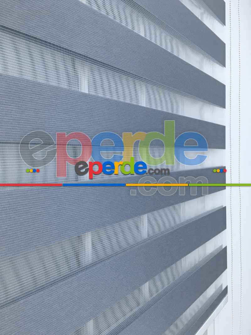 New Gri Düz Bambu Kalın Dokulu Zebra Perde- Füme