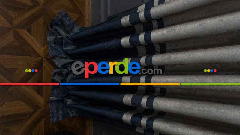 1. Sınıf Jakarlı Pano Fon Perde - Gri Lacivert Bantlı