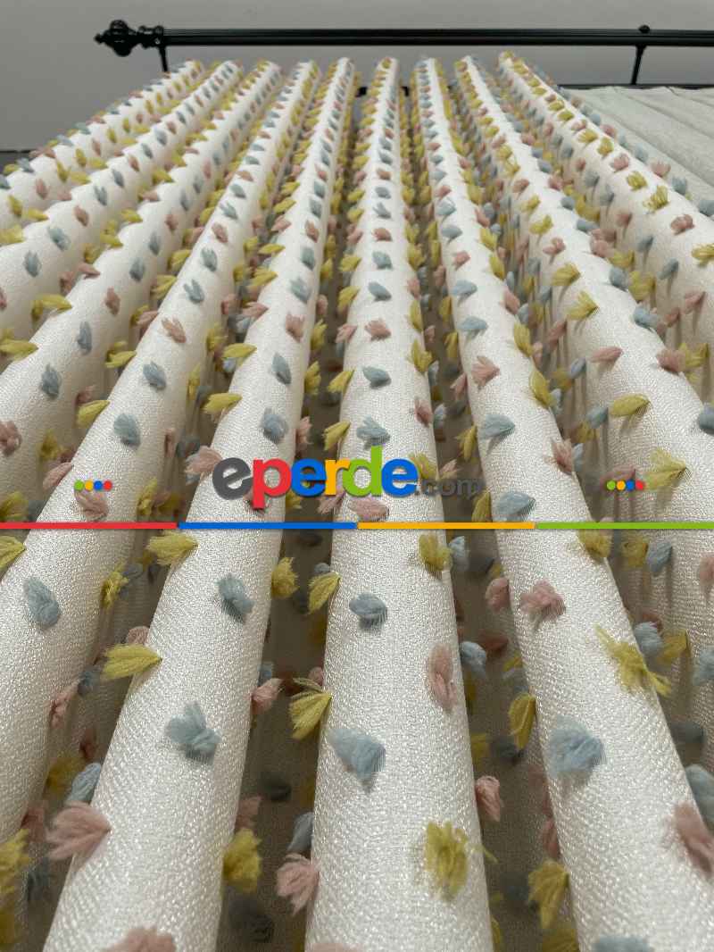 Salon - Krem Çok Renkli Ponponlu Jakar Dokuma, Premium Kalite Serisi Fon Perde