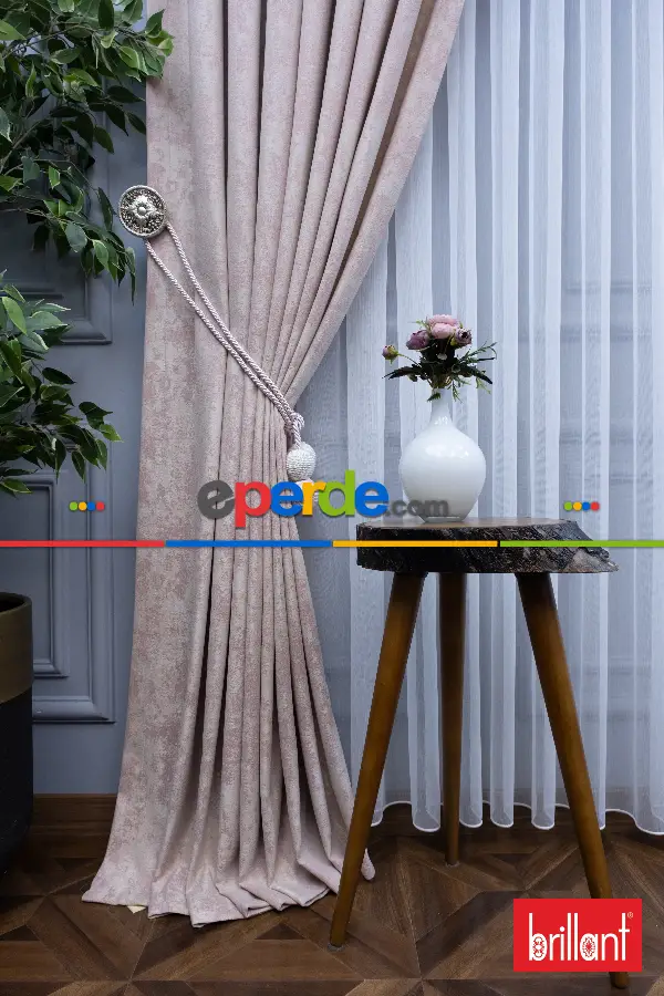 Patinedesenli Brillant Jakar Fon Perde(dökümlü Fon )- Bej-pudra