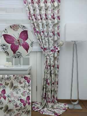 Kelebek Desenli Fon Perde Pembe Mor ( Leke Tutmaz )- Pembe-Mor