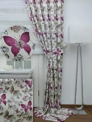 Kelebek Desenli Fon Perde Pembe Mor ( Leke Tutmaz )- Pembe-Mor