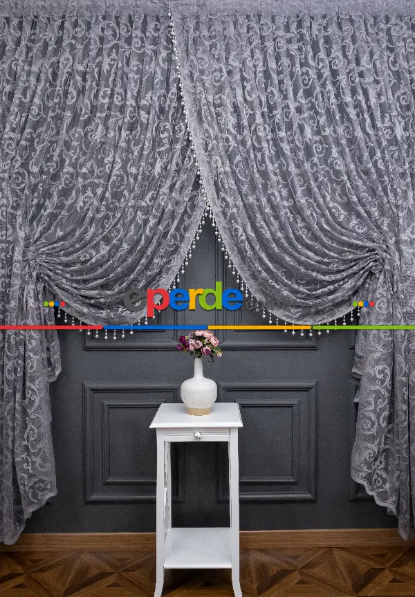 Gri Sarmaşık Desen Tül Kruvaze Tül Perde Yanki Tül