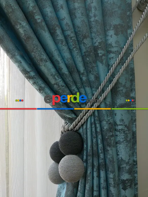 Açık Mavi Renk Jakar Desenli Fon Perde- Mavi Açık-mavi Grimsi