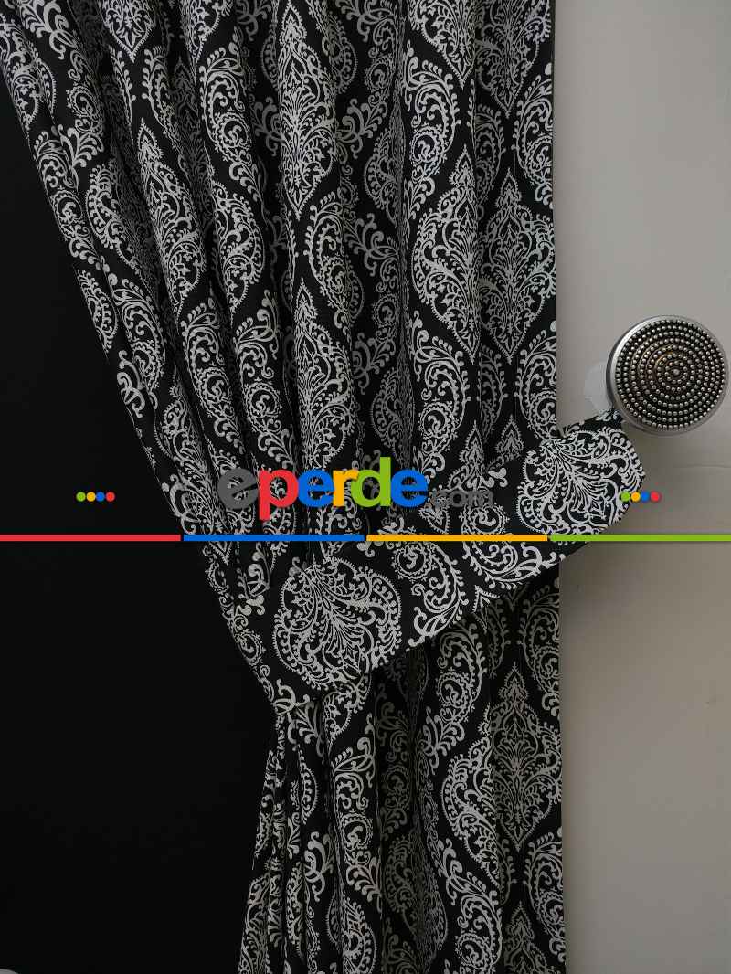 Salon Fon Perde - Damask Desenli Oturma Odası Fon Perde- Siyah