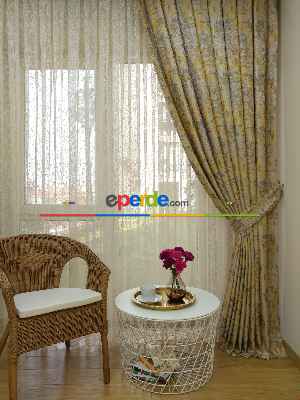 Salon Bej Hardal Desenli Jakar Fon Perde (285 En)-  Çok Renkli 3