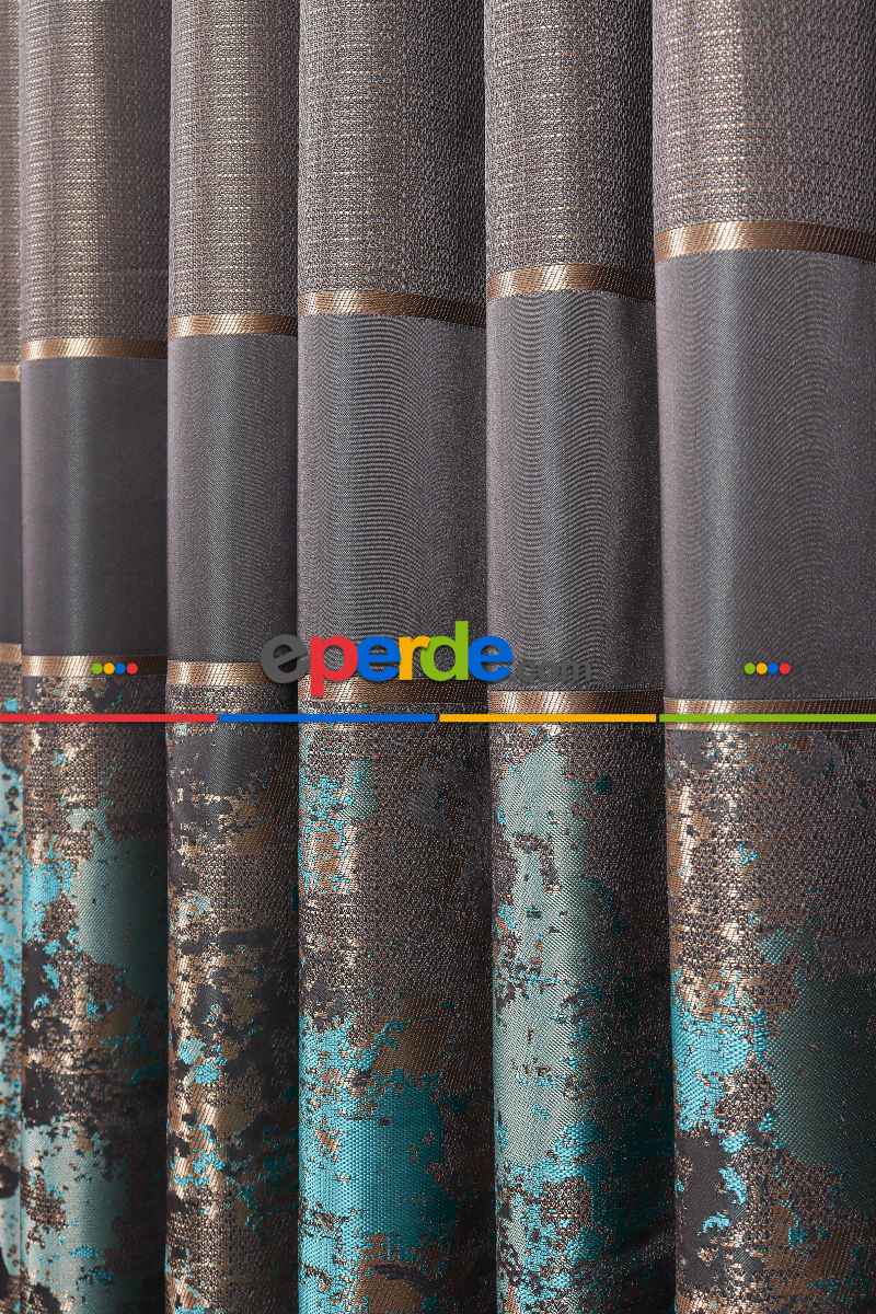 Yatak Odası Fon Perde - Simay Gri-turkuaz-gold Pano Fon Perde