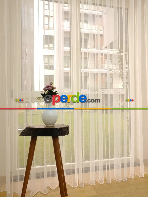 Ekru Renk Petek Zemin Düz Tül Perde Dökümlü- Ekru