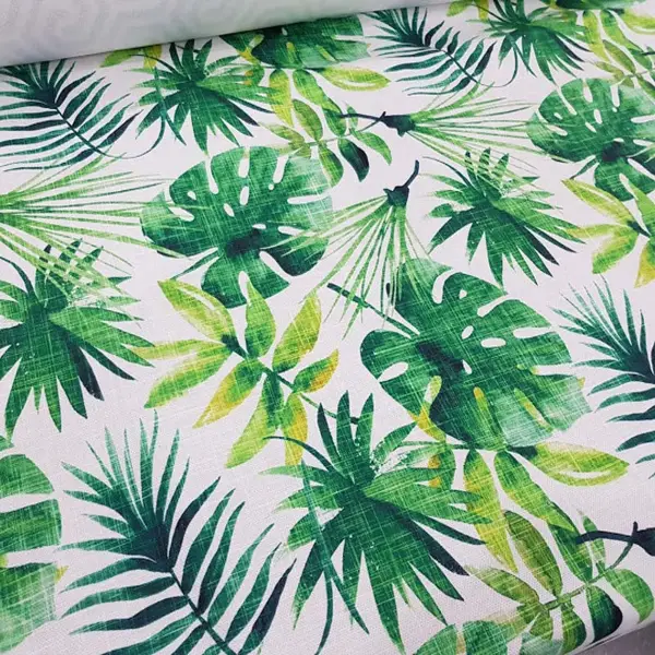 Salon Fon - Tropikal Yaprak Desenli Fon Perde Evm1121 Kumaşı Kalındır Duck Bezi Değildir- Yeşil-Beyaz